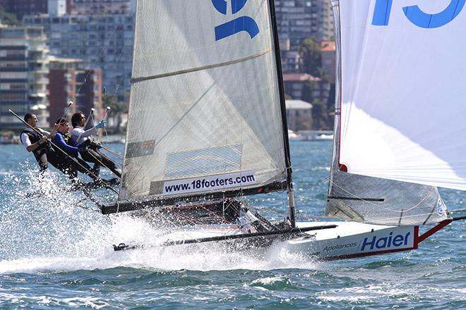 Concentration on the crew's faces as they race down Sydney Harbour © Frank Quealey /Australian 18 Footers League http://www.18footers.com.au